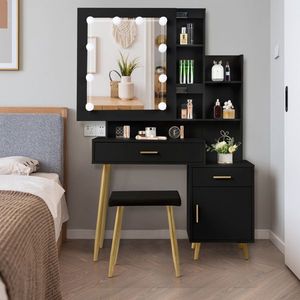 Modern <b>Dressing</b> Table Set 2 Drawers 1 Door 2 Shelves Mirror Cabinet 3 Light Bulbs Black-Triamine Veneer Particleboard Bedroom - Product Image 5