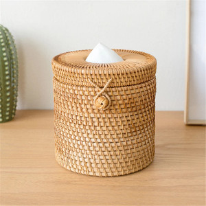 Cylinder tissue box handcrafted rattan <b>table</b> top napkin paper holder boxes home decor accessory - Product Image 2