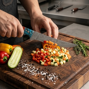 Couteau de cuisine professionnel à lame fixe en acier Damas, manche en résine bleue, pour la vente en gros, les OEM, les détaillants et les revendeurs - Product Image 4
