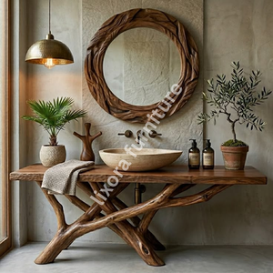 Meuble-lavabo de salle de bain de luxe en bois massif rustique fait main avec bord naturel, base artistique en forme de branche, console naturelle - Product Image 6