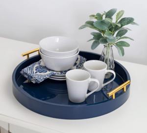 Bandeja de Servicio Redonda Contemporánea de Metal Azul con Asa Dorada, Perfecta para Servir en Eventos Corporativos y Formales o para Uso como Bandeja Decorativa - Product Image 1