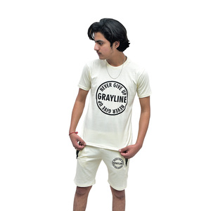 Customized Wholesale Summer Acid Wash Solid Men's 100% Cotton Lightweight T-Shirt Sweatshirt & Shorts Set with Screen Print - Product Image 4
