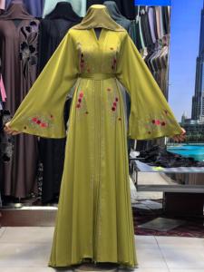 2026 New V Neck Long Sleeve Floor Length Modest Polyester Handmade <b>Flared</b> Hem Abaya Beaded Detail Women's Traditional Muslim - Product Image 1