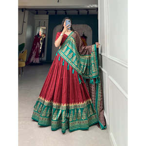 Attractive <b>red</b> Tussar <b>Silk</b> & Printed Lehenga Choli With Dupatta - Product Image 3