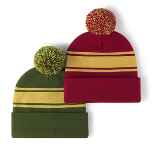 Unisex Striped Beanie <b>Hat</b> With Pom-Pom Knitted Winter <b>Cap</b> Casual Style 100 Acrylic Cuffed Design For Adults 56-58CM Head - Product Image 1
