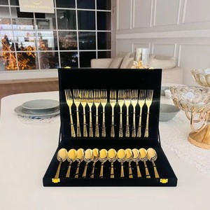 Hand Forged Gold & Silver Finished Handle Metal Designer Kitchen Cutlery Includes Tea <b>Spoons</b> Knives <b>Forks</b> Table <b>Spoons</b> - Product Image 3