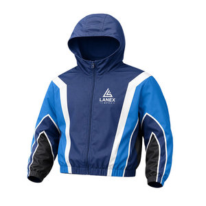 Custom Men Women Hooded Windbreaker <b>Jacket</b> Blue Contrast Panel Full Zip <b>Lightweight</b> Sports <b>Running</b> Training <b>Jacket</b> OEM ODM - Product Image 2
