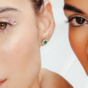 18K White Gold Round Halo Diamond Emerald Drop Stud <b>Earrings</b> - Product Image 1