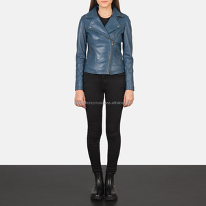 Veste en cuir bleue pour dames en gros Veste à la mode coupe mince avec fermeture éclair et doublure pour femmes - Product Image 5