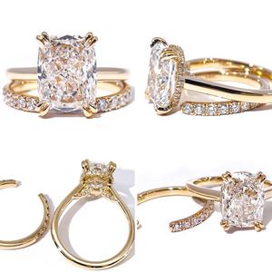 Yellow Gold D Color <b>Cushion</b> Cut Lab Grown Diamond Classic <b>Ring</b> Laser Drilling 48 Side Stone Women <b>Wedding</b> Anniversary Gift Band - Product Image 2