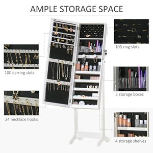 Organisateur de bijoux sur pied blanc réglable et verrouillable avec miroir pleine longueur, design élégant de type armoire - Product Image 4