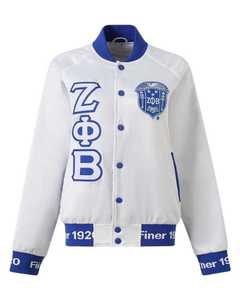 Chaqueta Bomber Blanca de Satén Zeta Phi Beta, Bordado Personalizado en Chenilla, Ropa de Hermandad Griega, Unisex Premium - Product Image 1