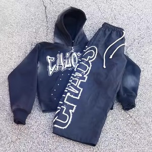 Conjunto de Sudadera con Capucha y Pantalones de Chándal de Invierno Personalizado de 2 Piezas, Oversize, Holgado, de Forro Polar, con Pedrería, Lavado Ácido, Chándal Acampanado de Secado Rápido para Hombre - Product Image 2