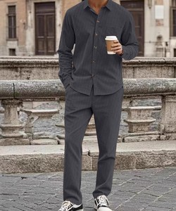 Men's Striped Cotton Shirt And <b>Pants</b> Set Turn-<b>down</b> Collar Casual Long Sleeve Spring Woven Fabric - Product Image 3