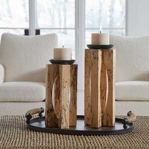 Juego de Portavelas de Madera Rústica con Diseño Geométrico Hecho a Mano con Bandeja de Metal para Decoración de Hogar de Lujo, Alta Calidad - Product Image 1