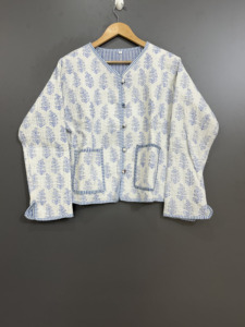 Quilted Jacket Women V Neck Full Sleeve Floral Print Cotton <b>Button</b> Closure Spring Style Regular Length - Product Image 1