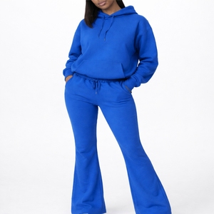 Ensemble de survêtement décontracté pour femmes, pantalon évasé à capuche de couleur unie, vêtements de sport décontractés, ensemble deux pièces, coupe confortable et extensible, survêtement pour femmes - Product Image 1