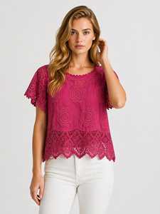 Women's Yellow Lace Floral Embroidery Short Sleeve O-Neck Bohemian <b>Top</b> Summer Pullover - Product Image 5