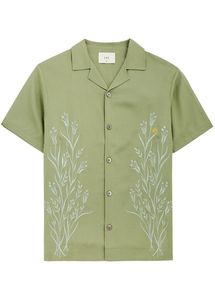 เสื้อเชิ้ตผู้ชายสีเขียวผ้าฝ้าย แขนสั้น ปักลายพฤกษศาสตร์สีขาว คอปกแบบแคมป์ - Product Image 5