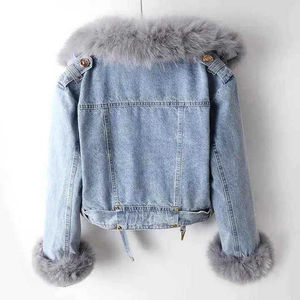 Veste en jean pour femme avec col et poignets en fourrure, manteau long d'hiver coupe-vent respirant avec doublure en fausse fourrure, manches longues, coupe classique - Product Image 2