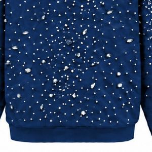 Sweat-shirt à capuche bleu marine entièrement zippé, orné de perles et de cristaux, style streetwear tendance, à manches longues avec poche avant - Product Image 6