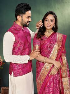 Designer Jacquard Weaving <b>Silk</b> Koti With Cotton <b>Kurta</b> Pant And Matching Saree Set - Product Image 2