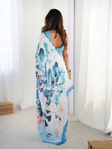 Sari de poliéster azul con estampado digital y trabajo de espejo para mujer, estilo indio-pakistaní, largo hasta el suelo, corte regular, para bodas. - Product Image 5