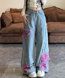 Pantalon en jean évasé décontracté pour femme avec motif autocollant de nouveau design, coupe régulière, style urbain, respirant, séchage rapide, vintage - Product Image 6