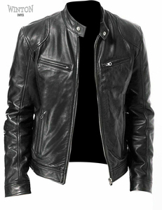 <b>Brown</b> <b>Faux</b> <b>Leather</b> Motorcycle <b>Jacket</b> <b>Men</b> Stand Collar Zipper Windproof Breathable Casual Winter Riding Outerwear Finished Front - Product Image 5