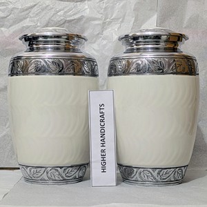 Elegant White Enamel Adult <b>Urn</b> - Handcrafted Detailed Engraving Cremation <b>Urns</b> - <b>Large</b> Metal Funeral Vessel for Bulk Purchase - Product Image 1