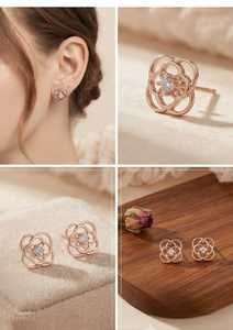Boucles d'oreilles clous en or rose 9 carats massif avec diamant de laboratoire taille princesse, motif fleur, plaqué rhodium, pour fiançailles, mariage, cadeau - Product Image 4