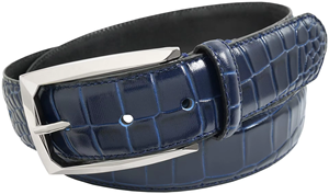 Cinturón de Cuero Genuino con Patrón de Cocodrilo Azul, Estilo Formal, Moldeado en una Sola Pieza, Hebilla de Pin Resistente, Diseño Rectangular - Product Image 5