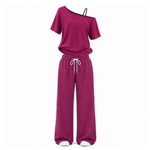 Women's Red Asymmetrical Off Shoulder Top With Wide Leg Pants 2 Piece Casual <b>Set</b> Loose Fit Full Length Solid Color <b>Knitted</b> Wear - Product Image 2