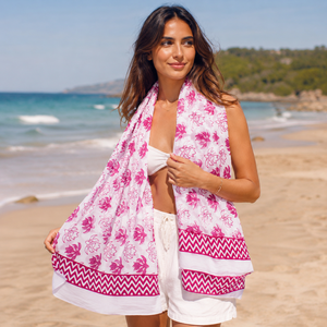 Women's Long Beach Swimwear Sarong Scarf Indian Handmade Hand-painted Floral Head Cover Cotton Summer White Cozy Comfortable - Product Image 1