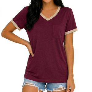Women V Neck T-Shirt Solid Color Short Sleeve Pocket Casual Loose Fit Cotton <b>Top</b> Spring Summer Wear - Product Image 5