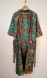 Lightweight Cotton <b>Kimono</b> Robe Featuring Traditional Block Floral Print For <b>Women</b> Night Wear And Easy Home Relaxation - Product Image 4