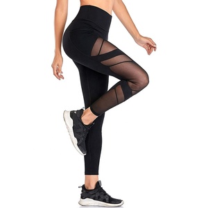 High Waist Mesh <b>Leggings</b> Women Full Length Solid <b>Black</b> Sporty Compression Tummy Control Seamless Knitted Spandex Polyester - Product Image 4