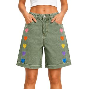 Shorts de Mezclilla para Mujer, Color Verde Salvia, con Corazón Arcoíris Bordado, Cintura Alta, Corte Holgado Informal, Dobladillo Enrollado, Algodón, Moda Verano - Product Image 1