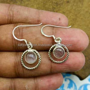 Solide 925 Sterling Silver Rose Quartz Gemstone Fine Dangle Boucles d'oreilles pour femmes et filles Bijoux indiens faits à la main - Product Image 1