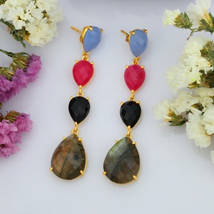 Boucles d'oreilles longues en argent sterling 925 à la mode en labradorite naturelle multicolore et multi-taille - Product Image 3