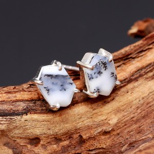 Pendientes de Plata de Ley 925 con Ágata Dendrítica Natural en Forma de Hexágono, Hechos a Mano, Piedra Blanca, Joyería Étnica, Regalo para Aniversario o Fiesta - Product Image 1