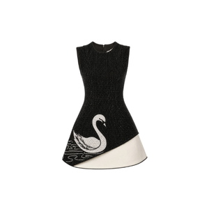 <b>Black</b> O-Neck Beaded Dress with Swan Embroidery <b>Mini</b> Dress Women Sleeveless Natural Waistline with white Solid Swimwear Cover-ups - Product Image 1