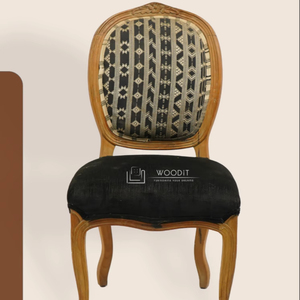 Solid Wooden With Black Velvet Upholstered Seated <b>Cushion</b> Geometric Pattern <b>Back</b> French Provincial Louis XVI-Style Dining Chairs - Product Image 1