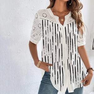 Blusa elegante de mujer Beige M con mangas cortas Casual de encaje y ajuste suelto-para fines de semana de vacaciones - Product Image 4
