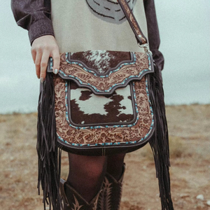 Western Tooled Leather Cowhide Crossbody <b>Bag</b> with Fringe – Vintage <b>Boho</b> Shoulder Messenger <b>Bag</b> for Women - Product Image 1