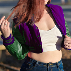 Veste courte universitaire pour femme, style Letterman, veste bomber, manches en similicuir, vêtements d'extérieur décontractés, mode féminine, violet et vert - Product Image 2