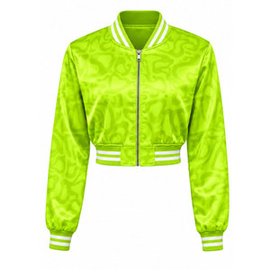 Green Embossed Pattern Varsity <b>Jacket</b> Women's <b>Short</b> Crop Bomber Coat Full <b>Sleeve</b> Turn-down Collar Polyester Zipper Front - Product Image 2