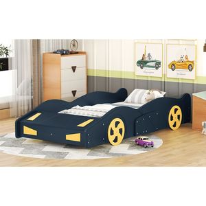 Letto a piattaforma a forma di auto da corsa blu scuro e giallo, singolo, con ruote e contenitore, per bambini - Product Image 6