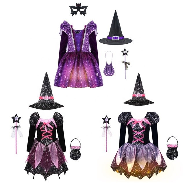 4pcs Sets 2-12 Kids Girls Witch Costume Outfit Long Sleeve Dress With Pointed Hat Wand Candy Bag Set Dance Costumes Wear