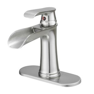 Rubinetto a cascata monocomando a 1 foro per lavabo con scarico a scomparsa, tubi di alimentazione, rubinetto per lavabo e piastra di copertura per bagno - Product Image 4